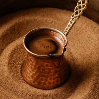 Bakır cezvede hazırlanan Türk kahvesi, yanında lokum ve su ile Bosphorus Brewline tepsisinde