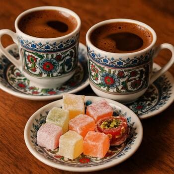 Geleneksel Türk kahvesi fincanı, lokum ve su bardağıyla