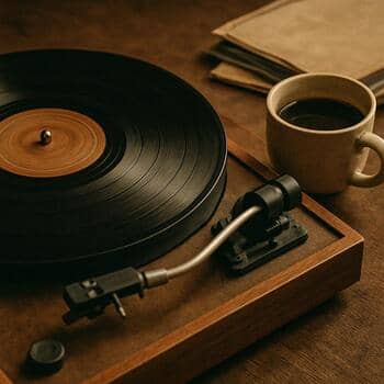 Plak çaların bulunduğu kahve köşesinde fincan ve mum ışığı