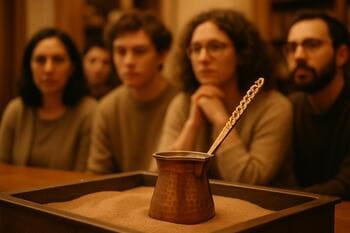 Türk kahvesi atölyesinde cezve ve fincanlarla çalışan baristalar