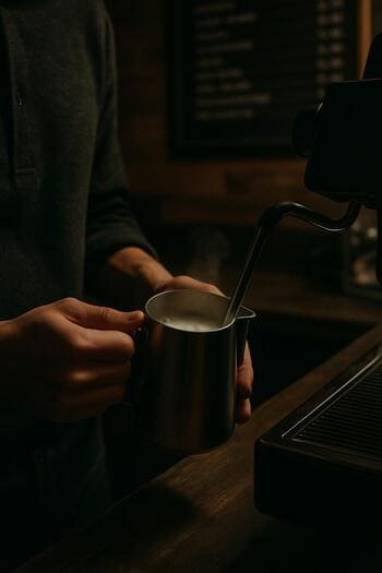 Baristanın süt köpürtme sürahisini tutarken menü panosuna yakın plan