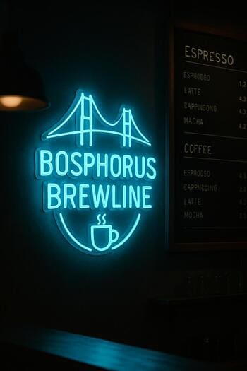 Bosphorus Brewline neon logosu ve önünde duran menü kartı