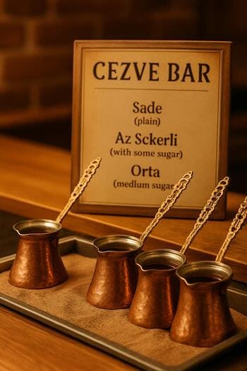 Cezve barında menü kartlarıyla birlikte dizilmiş bakır cezveler