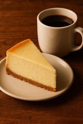 Cheesecake dilimi ve yanında servis edilen filtre kahve