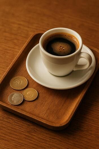 Küçük bozuk paralar ve kahve fincanı bulunan tepsi