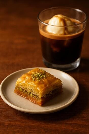 Baklava ve affogato ile birlikte küçük bir tatlı tabağı