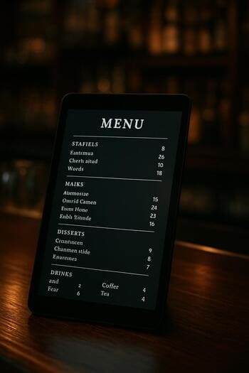 Bar tezgâhında dijital menüyü gösteren tablet ekranı