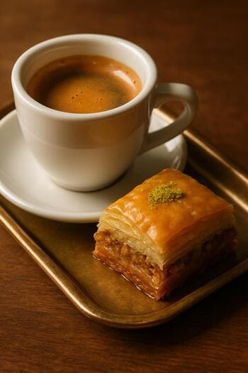 Espresso shot ve küçük baklava diliminden oluşan ikili servis
