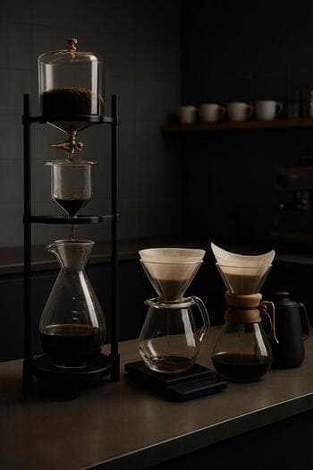 Filtre kahve barında drip tower ve pour-over ekipmanları