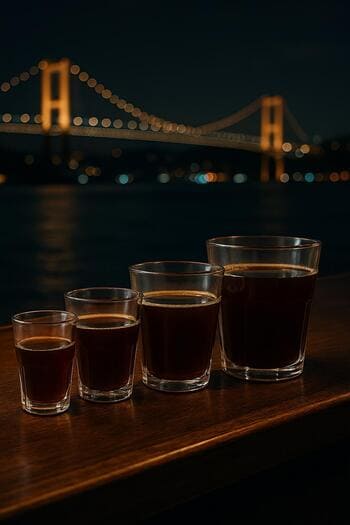 Filtre kahvelerin farklı boy bardaklarda sıralandığı menu hazırlığı