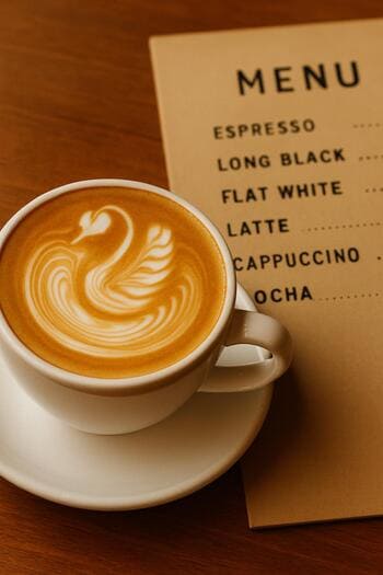 Flat white latte art deseniyle menü panosunun önünde