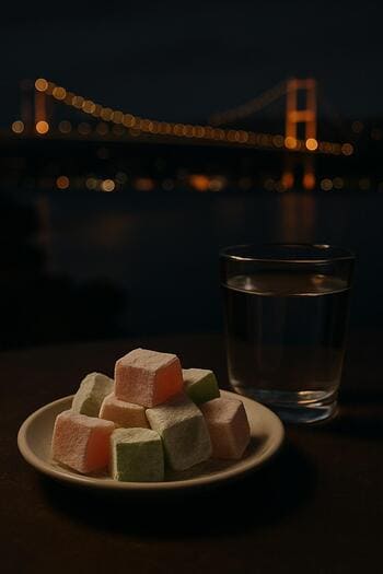 Gece Boğaz manzarası eşliğinde lokum ve su bardağı ile Türk kahvesi sunumu