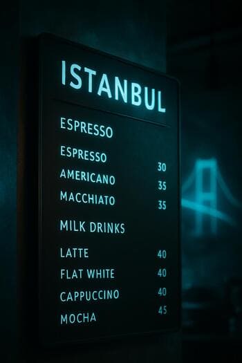 Bosphorus Brewline menü panosunda espresso ve sütlü içecek başlıkları