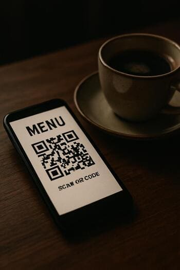 Masada duran telefon ekranında QR menü ve yanında kahve bardağı