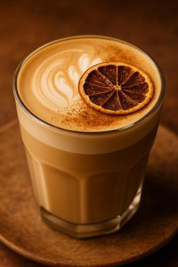 Sezon menüsünden narenciye garnitürlü latte ve küçük kart