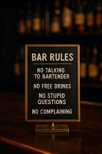 Bar tezgâhında servis kurallarını anlatan küçük tabela