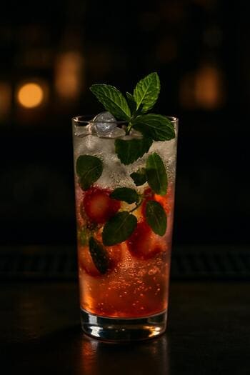 Gece ışıkları altında imza soda bardağı ve narenciye dilimi