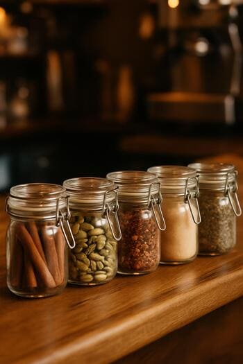 Kahve barında tarçın ve kakule gibi baharat kavanozları