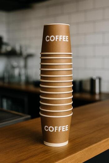 Bar tezgâhında üst üste dizilmiş paket servis kahve bardakları