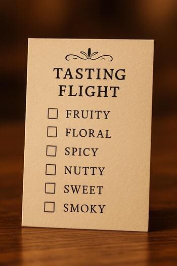 Tadım uçuşu için hazırlanan küçük menü kartı ve işaretli tat profilleri