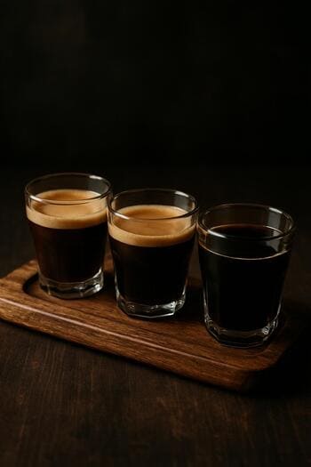 Üç küçük kahve bardağından oluşan tadım uçuşu tahtası
