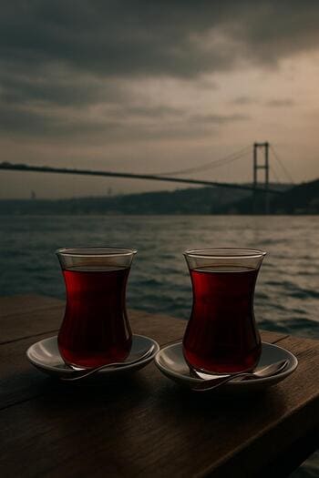 Boğaz manzarasına karşı ince belli çay bardaklarının dizildiği tepsi