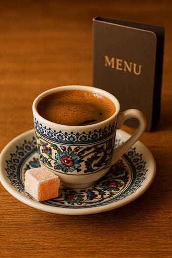 Türk kahvesi fincanı, lokum ve küçük menü kartı ile servis