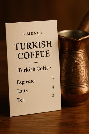 Türk kahvesi bölümünü gösteren menü kartı ve cezve illüstrasyonu