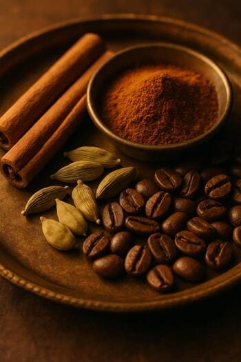 Baharat ve kahve çekirdekleriyle hazırlanmış Türk kahvesi tepsisi