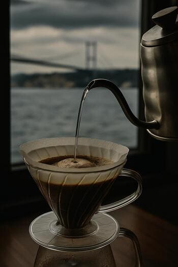 V60 üzerinde gooseneck kettle ile kahve dökümü